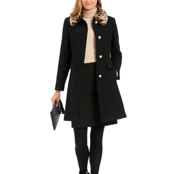 Kate Spade New York Black Faux Fur Collar Pea Coat